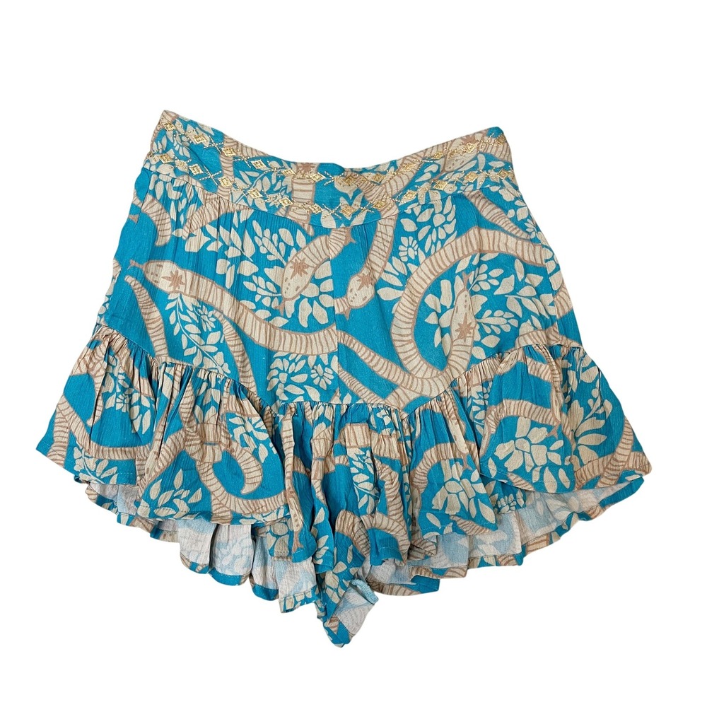 Zleurope Blue Snake Print Ruffle Shorts Gold Embroidered Boho Viscose Size XS